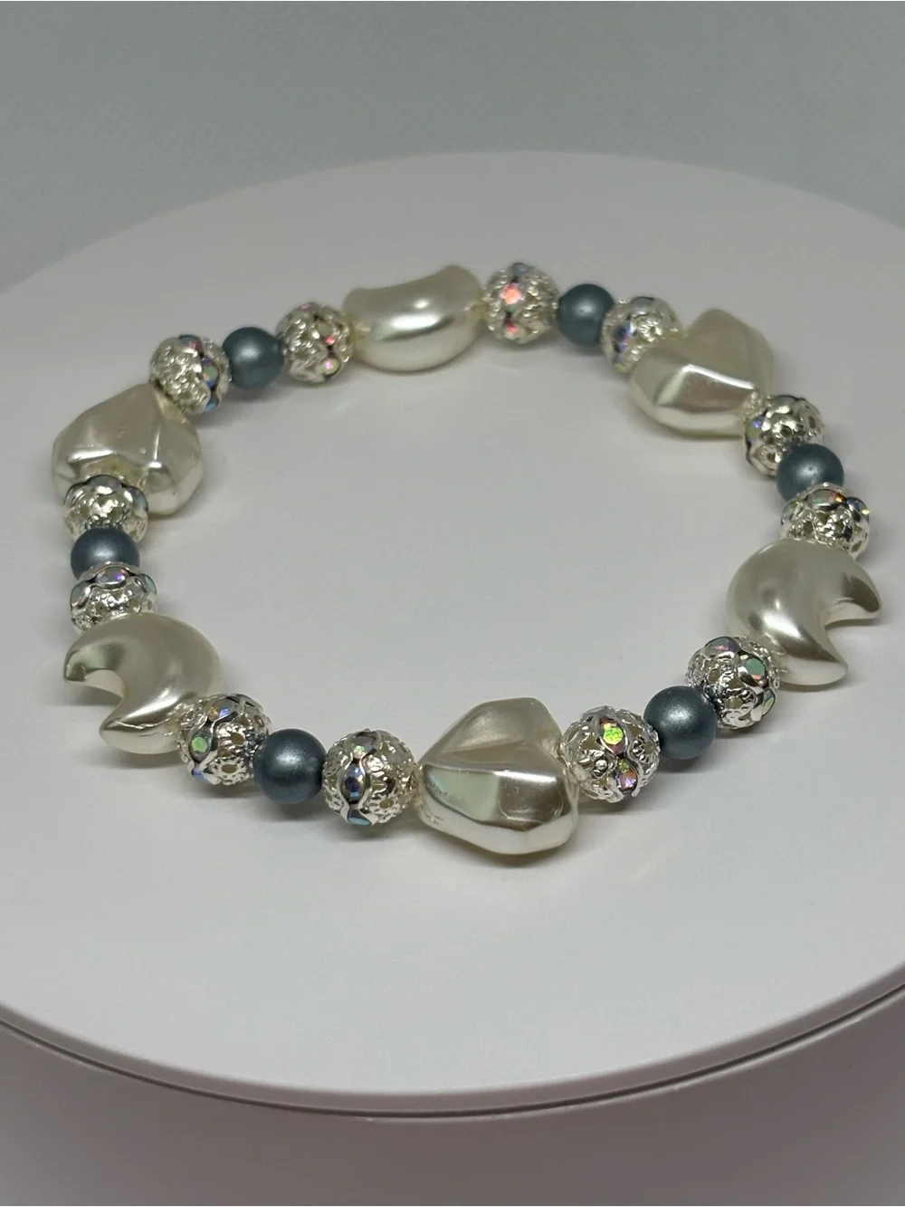 Hand Crafted Pearl-Inspired White & blue Premium Glass Beaded Stretch Bracelet